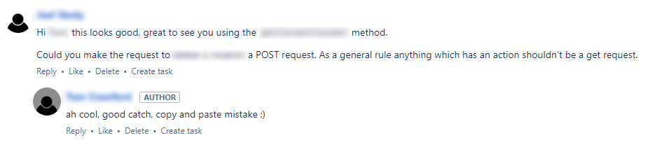 Screenshot of a pull request comment requesting that a GET http request be changed to a POST for security reasons