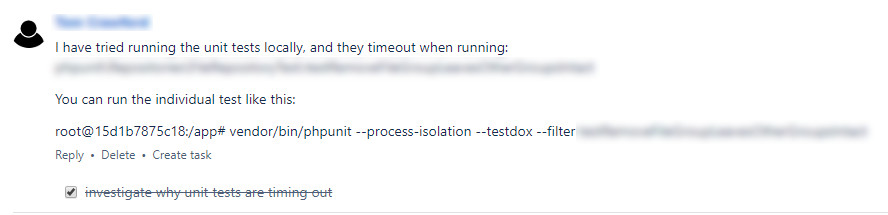 Screenshot of a pull request comment detailing that unit tests are timing out when running